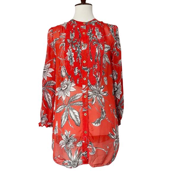 Anthropologie Leifsdottir Red Silk Floral Pleat Button Up Tunic Top Size‎ 4 - Picture 1 of 12